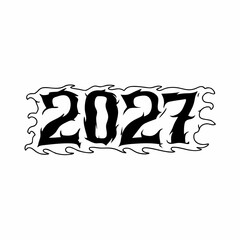 Bold black 2027 numbers with sharp outlined flame border on white background Keywords: 2027, year, future, new year, celebration, graphic, design, typography, text, number, numeral, digit