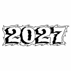 Black 2027 numbers with detailed flame-like border and shading on white background Keywords: 2027, year, future, new year, celebration, graphic, design, typography, text, number, numeral, digit