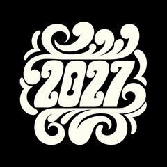 Cream colored 2027 text in a decorative retro font with ornate swirls on black background new year vintage