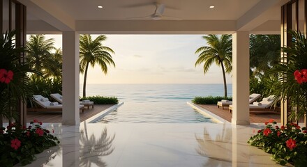 Fototapeta premium Luxurious infinity pool overlooking a tropical ocean sunset
