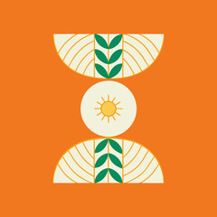 Abstract geometric design with sun and leaves on an orange background, featuring curved lines and semi-circles