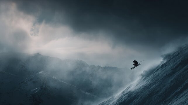 Snowboarder silhouetted against a stormy mountain landscape, descending a steep slope amidst heavy clouds and mist.