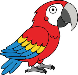 Colorful cartoon parrot illustration, vibrant tropical bird with red, blue, and yellow feathers, exotic wildlife drawing, isolated vector artwork