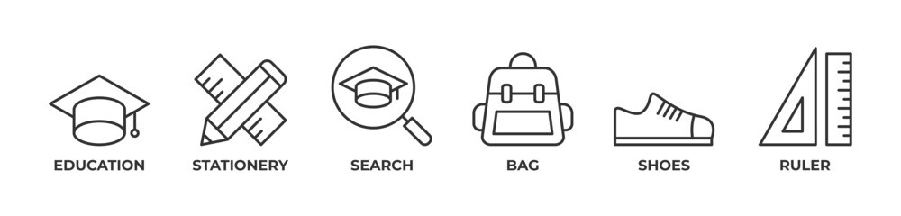 The Essentials of Learning and Discovery Icons set vector illustration outline with Education, Stationery, Search, Bag, Shoes, Ruler
