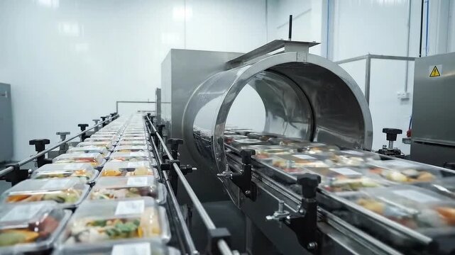 Automated Tray Filling Line in Meat Production with Plastic Packaged Food Moving on Conveyor Belt in Bright White Industrial Setting for Food Industry Promotion 190 Char