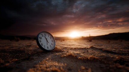 A clock rests on the dry sandy ground of a desolate desert landscape during a dramatic sunset symbolizing the passage of time