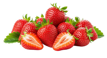 Fresh ripe strawberries with green leaves isolated on black background