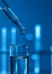 Closeup shot of lab testing water sample. Dropper adds liquid to test tube.technology  Researching water quality in lab environment. Scientific analysis of water resources.