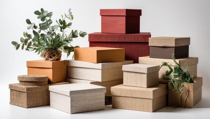 Stacked boxes in various neutral tones, accented by greenery