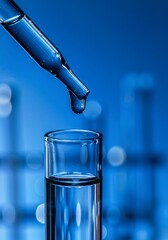 Closeup shot of lab testing water sample. Dropper adds liquid to test tube.technology  Researching water quality in lab environment. Scientific analysis of water resources.