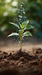 A young plant growing in soil with water droplets falling onto its leaves, symbolizing growth and nurturing.
