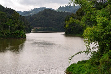 Mountain valley with rainforest and lake