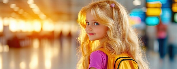 Obraz premium Blonde little girl with yellow backpack at airport terminal travel lifestyle photography with sunlight, Girl in Warm Morning Light at the Airport