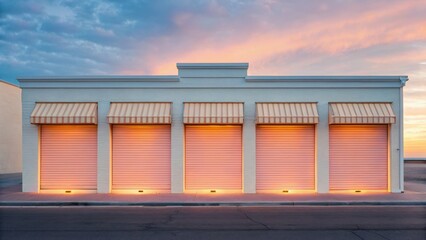 A pastel-colored building facade with striped awnings and multiple roll-up doors, set against a vibrant sky at dusk.