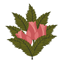 A composition of three dusty pink rosebuds surrounded by leaves. Vector illustration on a white background.