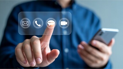 Stay Connected Effortlessly A Man Taps the Message Icon on a Virtual Interface with His Smartphone in Hand, Embracing Seamless Communication and Modern Technology for Business and Personal Use