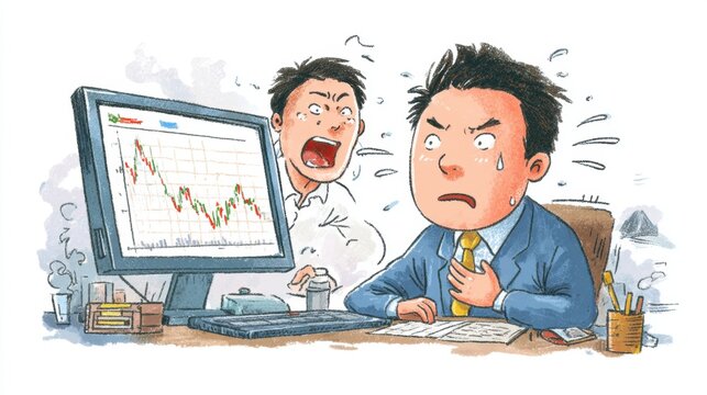 Two men react in shock to a declining stock chart on a computer screen in an office setting.