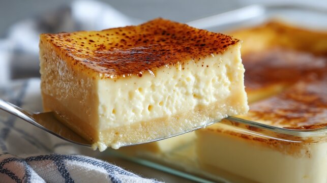 A slice of baked custard dessert with a caramelized top being lifted by a serving spoon