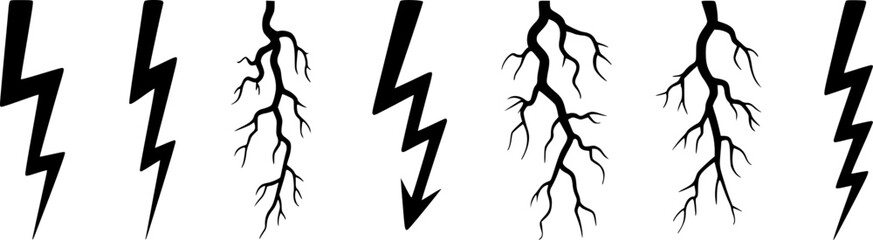 Fototapeta premium Collection of Black Lightning Bolt and Branching Lightning Strike Silhouettes
