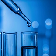 Closeup shot of lab testing water sample. Dropper adds liquid to test tube.technology  Researching water quality in lab environment. Scientific analysis of water resources.