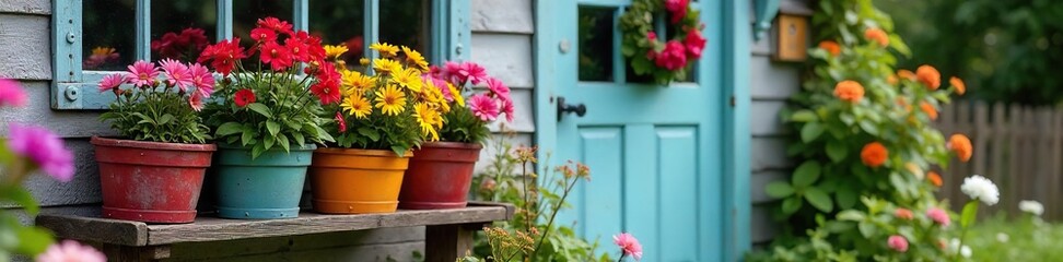 Cottage Garden Overflowing with Vibrant Flowers Rustic Shed, Charming Planters, Delightful Summer Blooms Perfect for Home Decor and DIY Inspiration