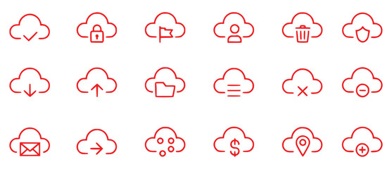 Red Cloud Icons Representing Various Digital Services and Functions