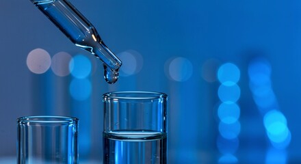 Closeup shot of lab testing water sample. Dropper adds liquid to test tube.technology  Researching water quality in lab environment. Scientific analysis of water resources.