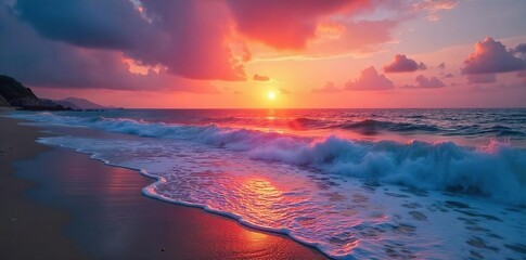 Serene Sunrise Ocean Scene Vibrant Hues Paint the Peaceful Shoreline as Gentle Waves Lap the Sand, Inviting Contemplation and Tranquility