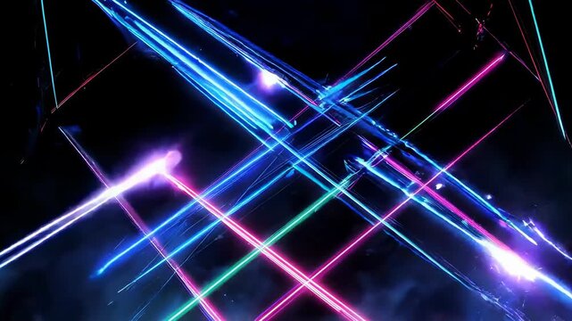 Abstract neon light streaks in vibrant hues of blue, pink, red, and green, across dark background