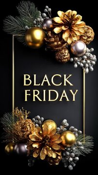 Golden Black Friday Sale announcement with luxurious festive decorations, discount promotion for shopping events, holiday season deals, seasonal offers, limited time savings,