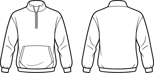 Technical flat sketch of quarter zip pullover sweatshirt front and back view, kangaroo pocket, ribbed cuffs and hem, apparel fashion template © Amelia's orld