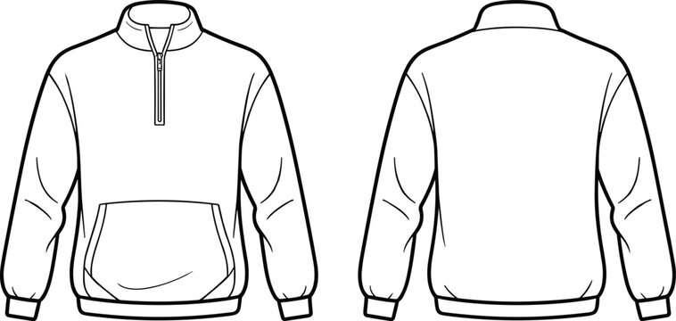 Technical flat sketch of quarter zip pullover sweatshirt front and back view, kangaroo pocket, ribbed cuffs and hem, apparel fashion template