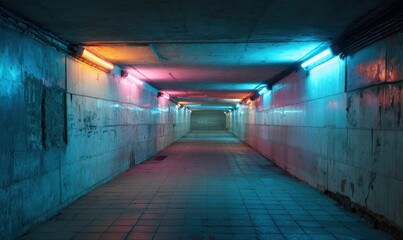 Illuminated Tunnel with Colorful Lights and Graffiti.