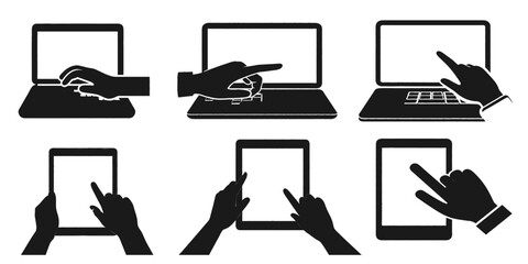 Set of different style laptop and tablet with hand svg vector file on transparent background.