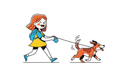 A cheerful girl walking her energetic dog illustration for children and pet lovers