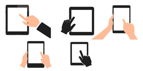 Set of different angles hand holding tablet svg vector file on transparent background.