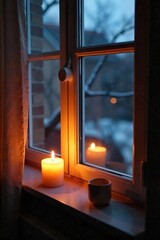Warm Candlelight Glow on Windowsill Cozy Home Decor & Hygge Atmosphere