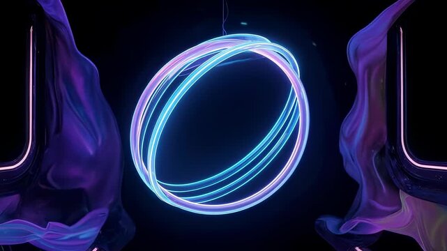 An abstract scene with a glowing circular shape and flowing translucent fabrics in shades of blue and purple