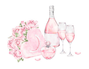 Watercolor artwork with champagne bottle, two glasses, pink roses, and a heart box. Romantic floral composition inspired by Saint Valentine Day. Perfect for greeting cards, posters, or packaging.