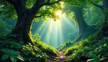 Dappled Sunlight Filters Through a Dense Ancient Rainforest Canopy, Illuminating Lush Undergrowth in a Scene of Untouched Natural Beauty