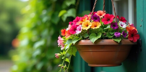 Lush Summer Blooms Overflowing from Terracotta Hanging Basket Vibrant Petunias and Trailing Ivy create a charming garden, patio, or porch display.