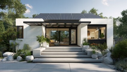 Modern house facade with white walls, dark roof, and concrete steps leading to a patio