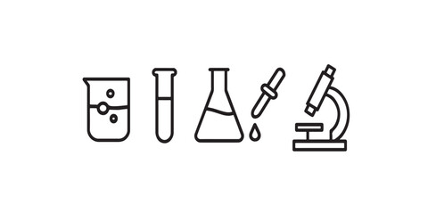Print  Minimal science laboratory icon set – beaker, test tube, flask, dropper, microscope – clean editable line art, isolated on white background.