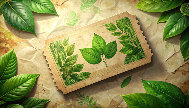 Eco friendly ticket with recycled paper texture, green leaf patterns, sustainable design, natural background, and environmental theme for eco events