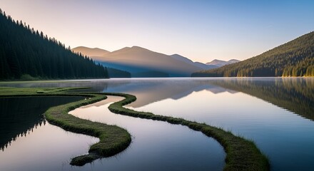 Misty Sunrise over a Serene Mountain Lake with Winding Grass Path