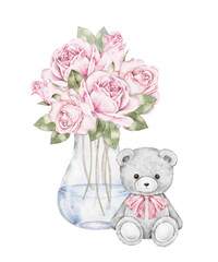 Watercolor composition with teddy bear, pink roses bouquet in glass vase. Gentle Saint Valentine Day illustration perfect for greeting cards, posters, invitations, or romantic packaging designs.