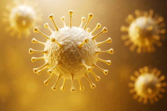 Close-up of abstract virus-like microscopic shapes with bright glowing light effect on golden background in scientific visualization style.