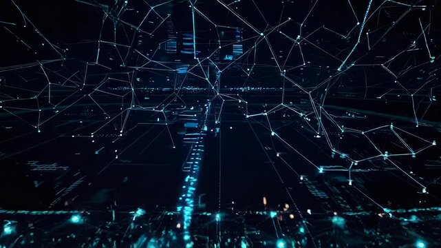 Abstract digital artwork features glowing blue-green lines, dots, and networks in a dark, deep space