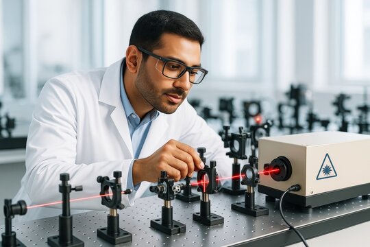 Scientist aligning red laser beam in optics laboratory with precision equipment on scientific table, bright background and focus on technology. Ai generative