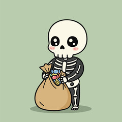 Cute Skeleton Kid Holding Candy Bag – Halloween Cartoon Vector